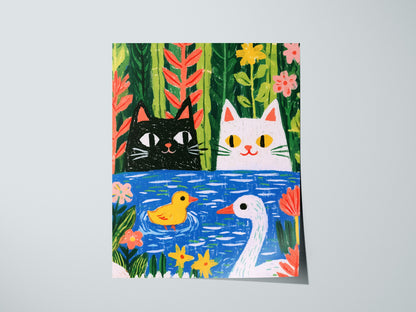 Forest Pond Companions Poster | Forest Green Illustrative Art Print | Kids Room Wall Art — print detail on fine art paper