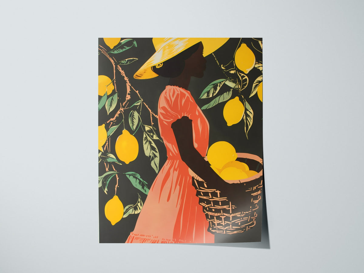 Woman Carries Lemons Poster | Yellow and Coral Screen Print Art Print | Kitchen Wall Art — print detail on fine art paper