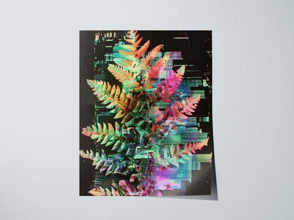 Glitch Fern Poster | Cyan and Magenta Abstract Art Print | Digital Art Wall Art — print detail on fine art paper
