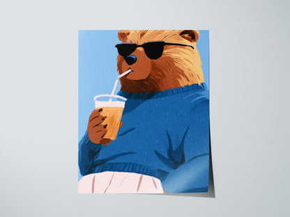 Cool Bear Sips Poster | Pastel Blue Illustrative Art Print | Kids Room Wall Art — print detail on fine art paper