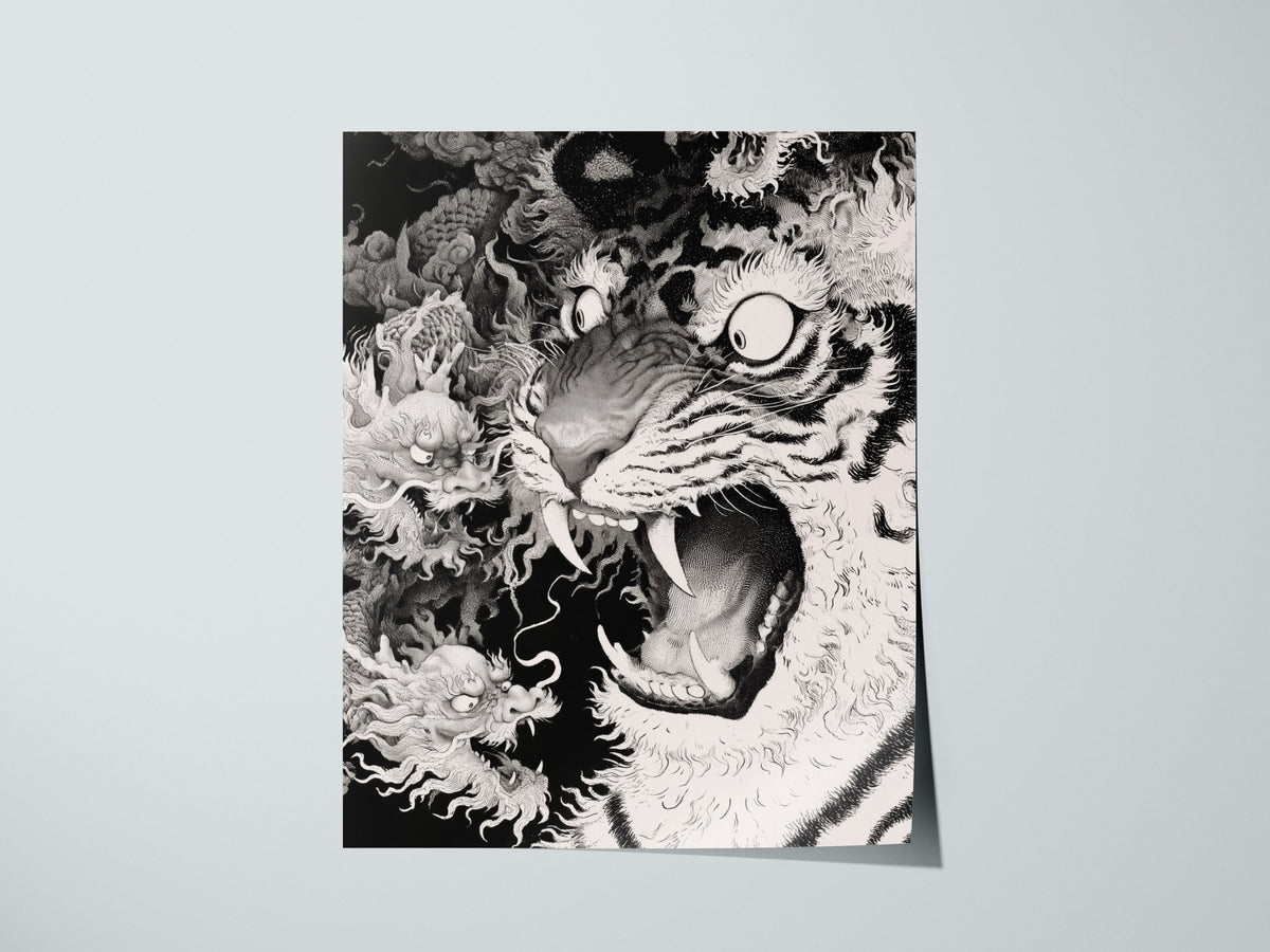Tiger Plays Dragons Poster | Cream and Black Pen and Ink Art Print | Dark Fantasy Wall Art — print detail on fine art paper