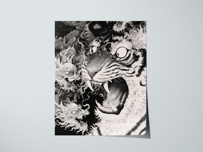 Tiger Plays Dragons Poster | Cream and Black Pen and Ink Art Print | Dark Fantasy Wall Art — print detail on fine art paper