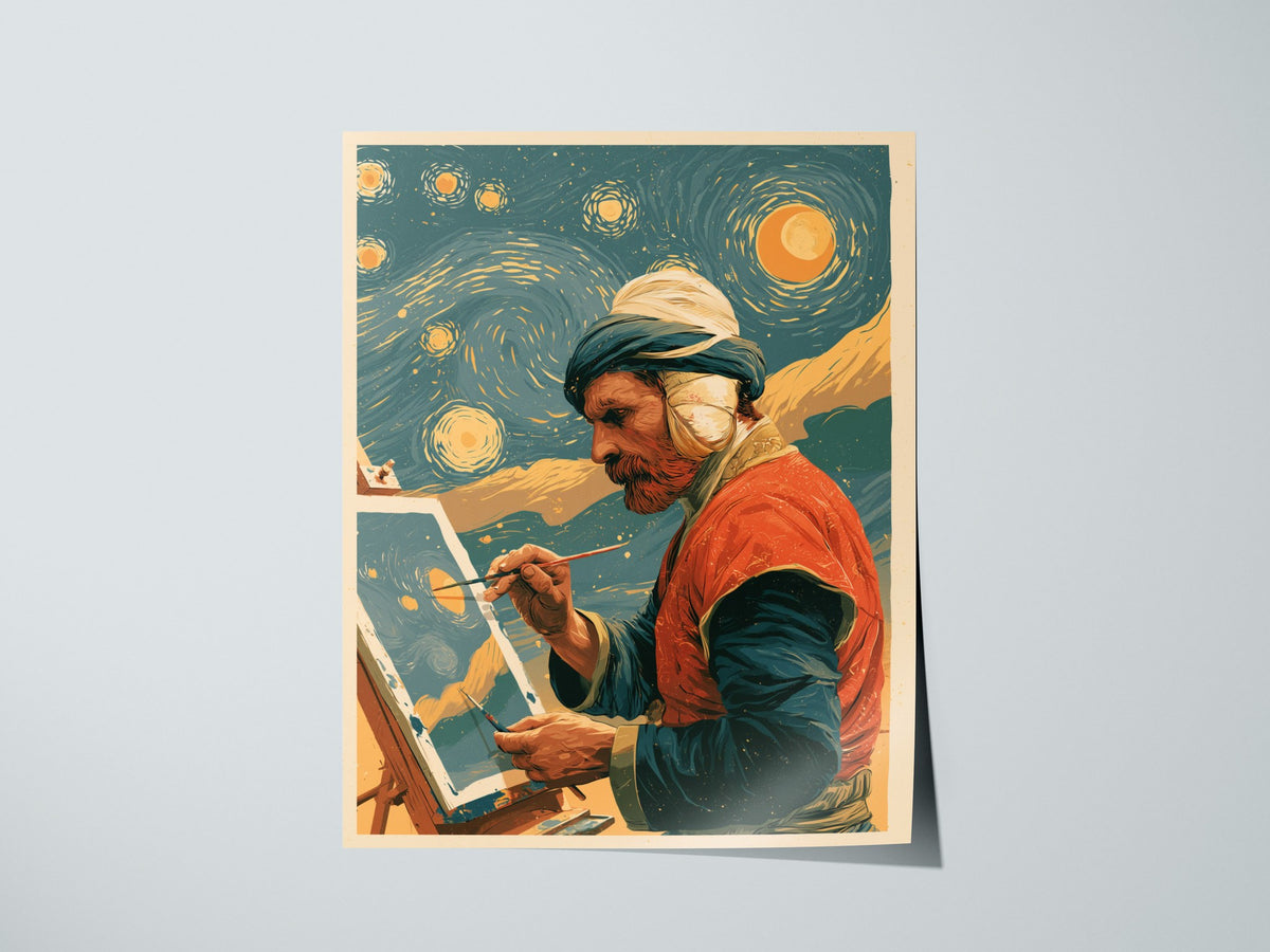 Van Gogh Paints Stars Poster | Teal and Amber Illustrative Art Print | Art History Wall Art — print detail on fine art paper