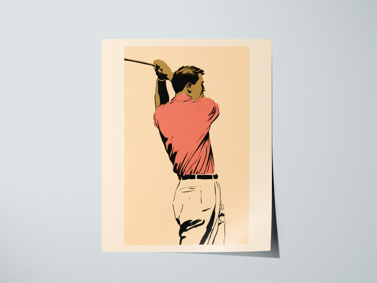 Golfer in Follow Through Poster | Pink and Cream Illustrative Art Print | Golf Wall Art — print detail on fine art paper