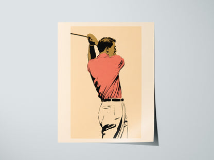 Golfer in Follow Through Poster | Pink and Cream Illustrative Art Print | Golf Wall Art — print detail on fine art paper
