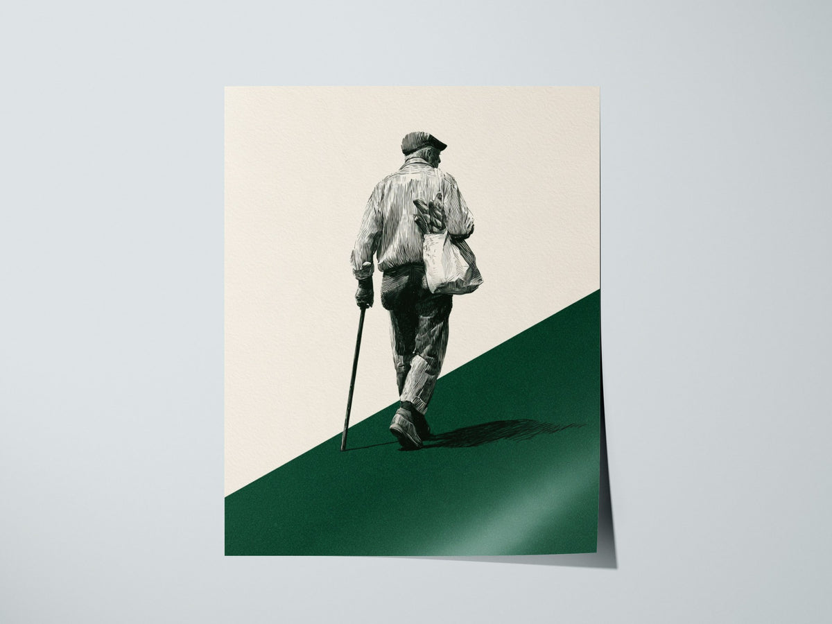 Walking with Bread Poster | Cream and Forest Pen and Ink Art Print | Minimalist Wall Art — print detail on fine art paper