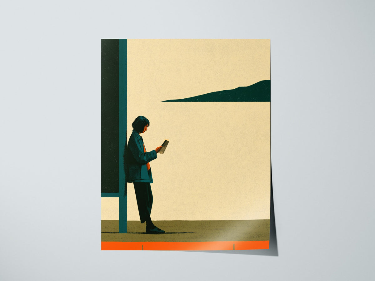 Woman Waits Morning Poster | Teal and Orange Illustrative Art Print | Urban Minimalist Wall Art — print detail on fine art pa