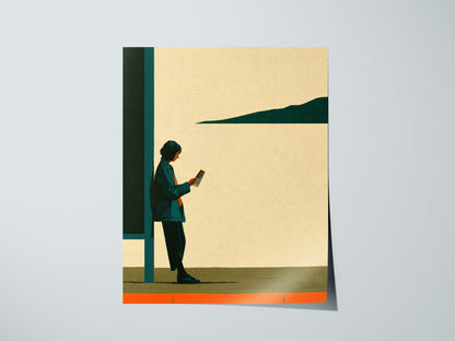 Woman Waits Morning Poster | Teal and Orange Illustrative Art Print | Urban Minimalist Wall Art — print detail on fine art pa