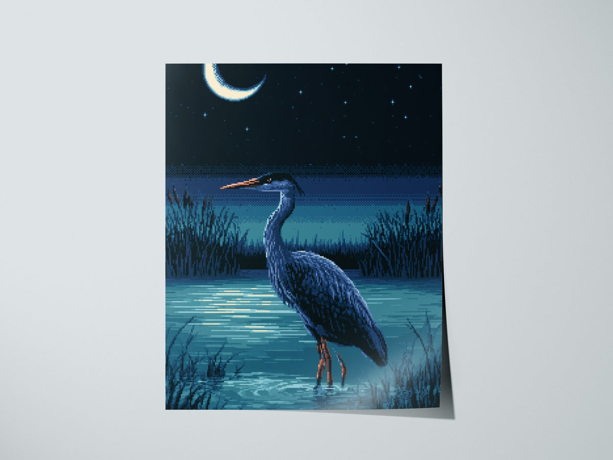 Heron Finds Moonlight Poster | Teal and Navy Pixel Art Print | Retro Gaming Wall Art — print detail on fine art paper