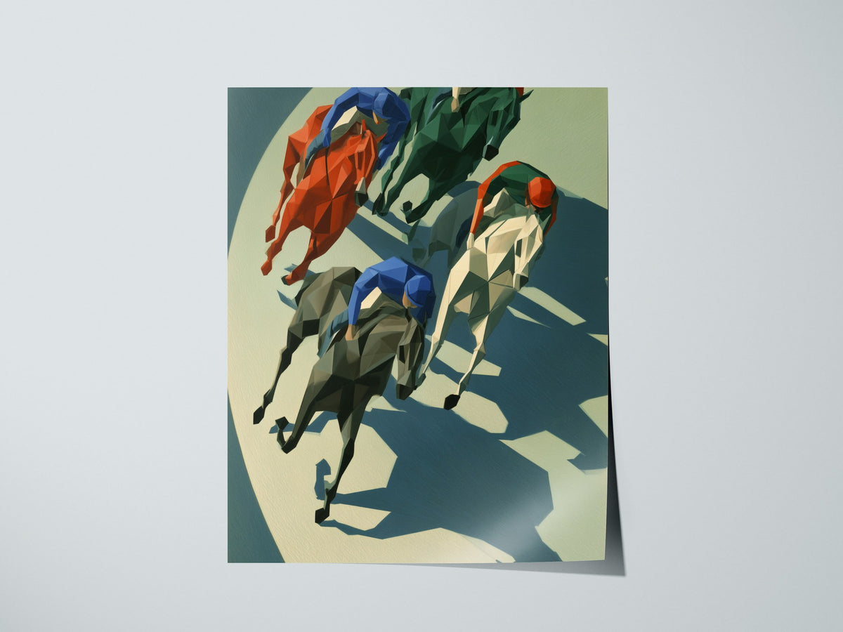 Jockeys Take the Turn Poster | Cobalt and Rust Low Poly Art Print | Modern Sports Wall Art — print detail on fine art paper