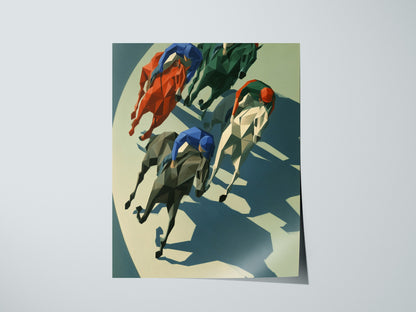 Jockeys Take the Turn Poster | Cobalt and Rust Low Poly Art Print | Modern Sports Wall Art — print detail on fine art paper