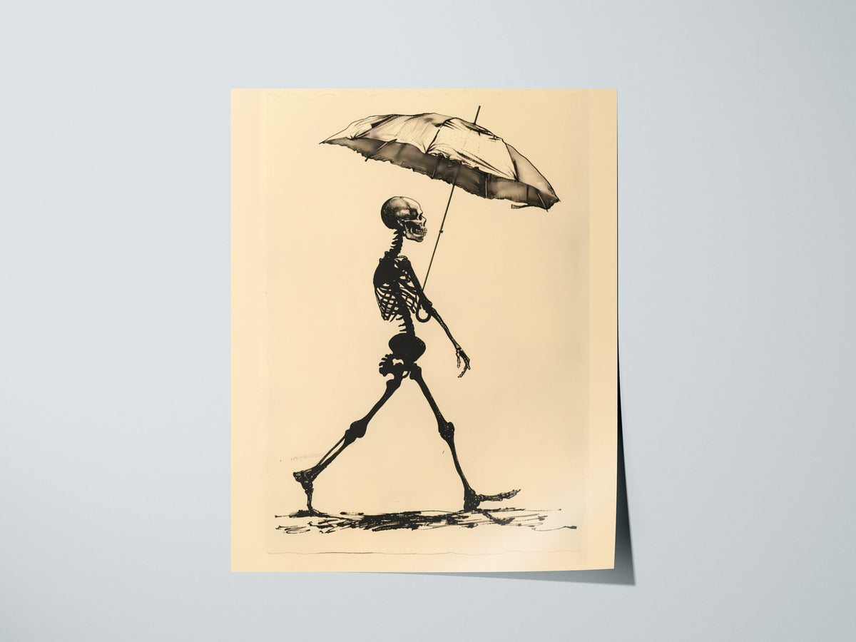 Skeleton with Umbrella Poster | Black and Cream Pen and Ink Art Print | Dark Humor Wall Art — print detail on fine art paper