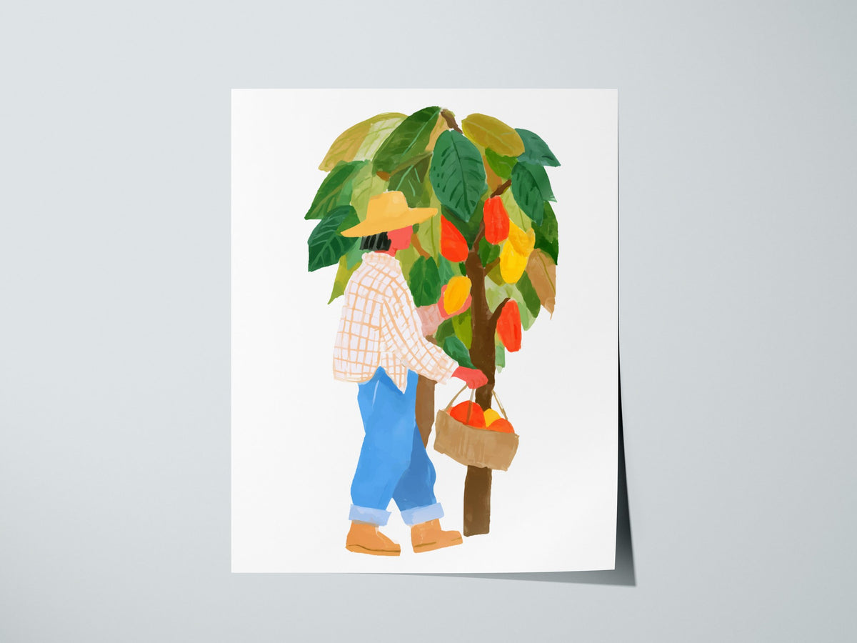 Cocoa Harvest Walk Poster | Illustrative Art Print — print detail on fine art paper