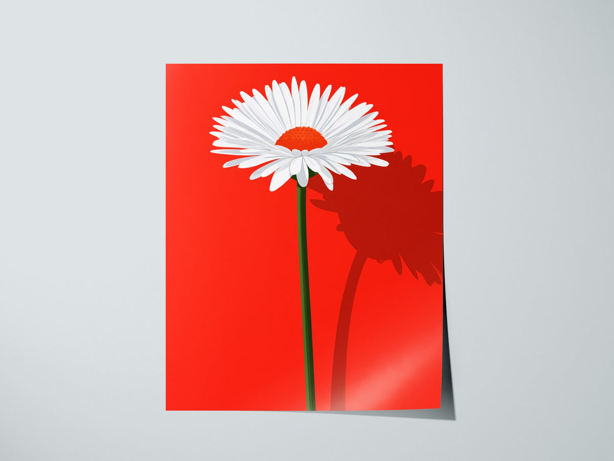 White Daisy on Red Poster | Red and White Flat Design Art Print | Modernist Wall Art — print detail on fine art paper