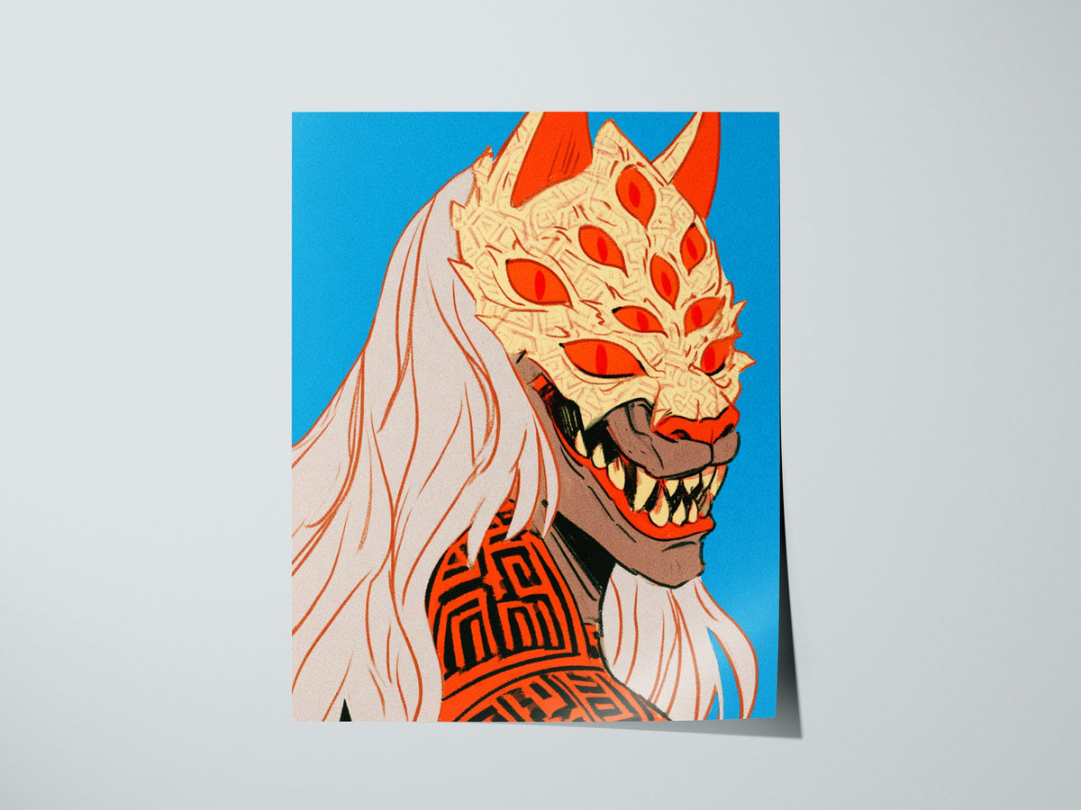 Fox Mask Grin Poster | Orange and Blue Illustrative Art Print | Dark Fantasy Wall Art — print detail on fine art paper