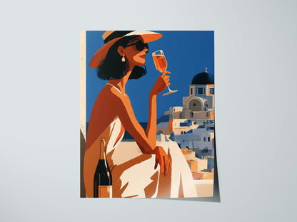 Woman Sips Santorini Poster | Terracotta and Cobalt Illustrative Art Print | Mediterranean Travel Wall Art — print detail on