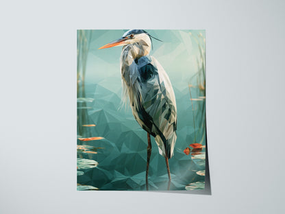 Heron Guards Shallows Poster | Teal and Slate Low Poly Art Print | Modern Minimal Wall Art — print detail on fine art paper