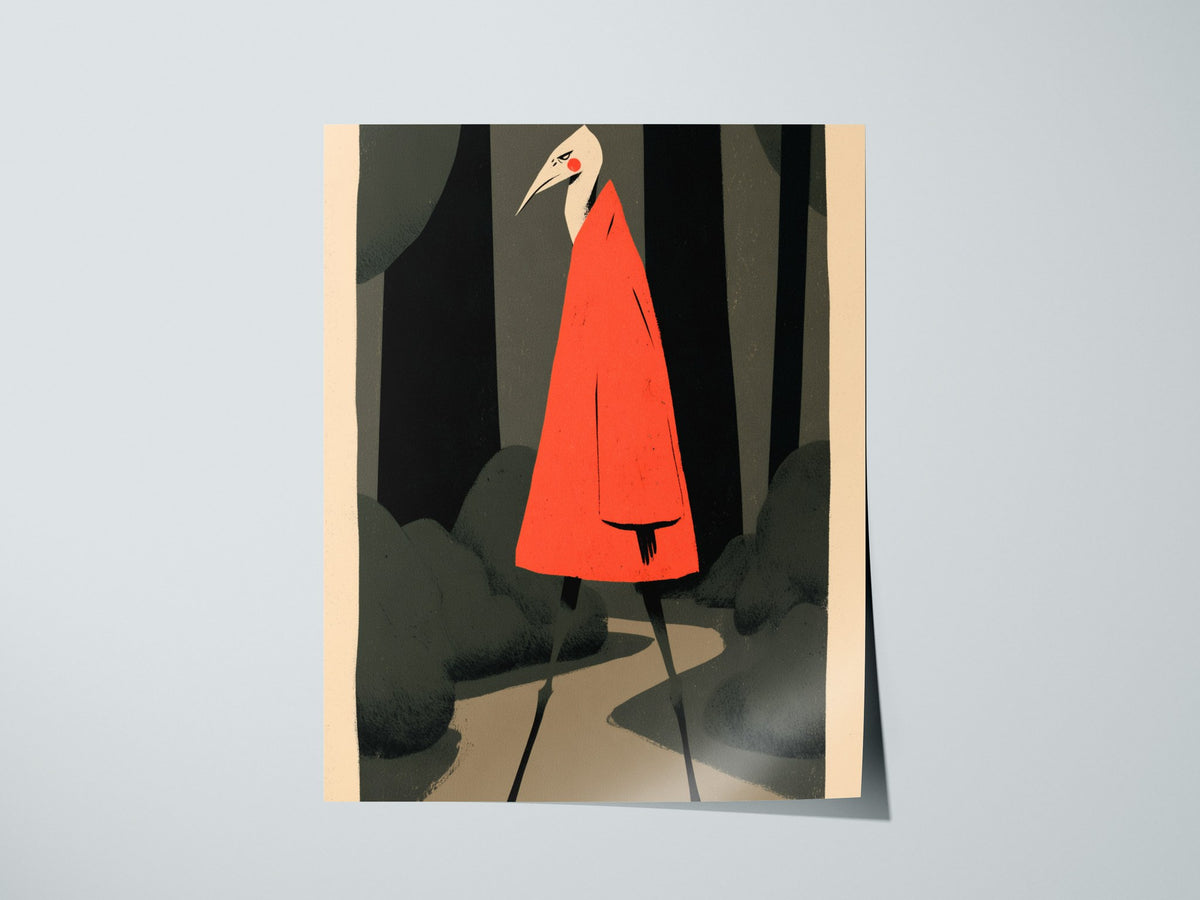 Heron Walks Alone Poster | Coral and Forest Illustrative Art Print | Surreal Wall Art — print detail on fine art paper