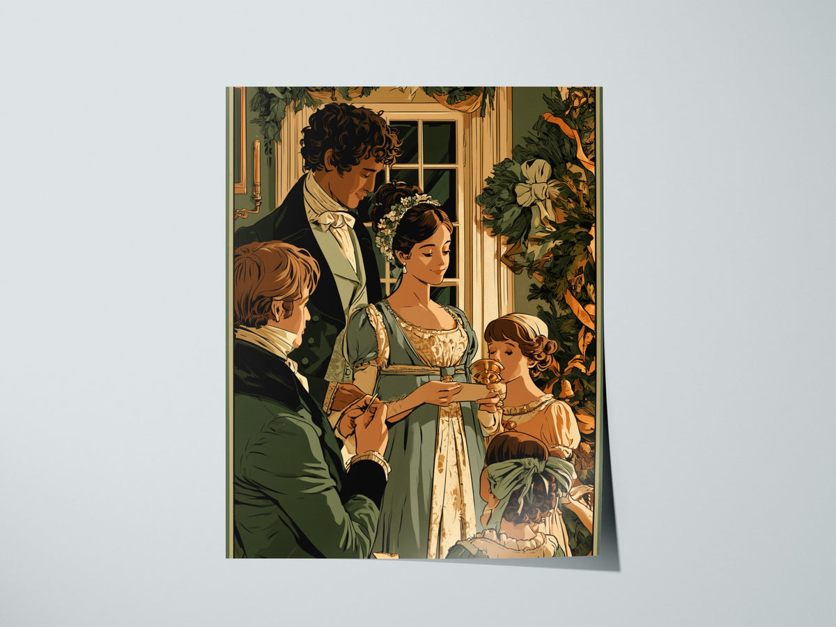 Regency Christmas Exchange Poster | Forest and Coral Illustrative Art Print | Regency Wall Art — print detail on fine art pap