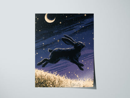 Hare Carries Night Poster | Indigo and Gold Pixel Art Print | Retro Gaming Wall Art — print detail on fine art paper