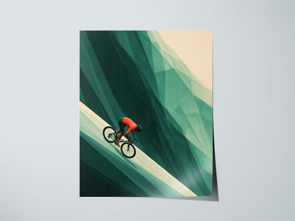 Cyclist Claims Hill Poster | Coral and Forest Low Poly Art Print | Cycling Wall Art — print detail on fine art paper
