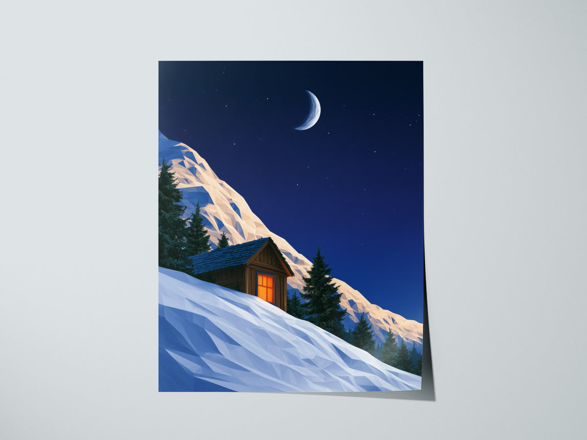 Mountain Cabin Waits Poster | Cobalt and Orange Low Poly Art Print | Mountain Modern Wall Art — print detail on fine art pape