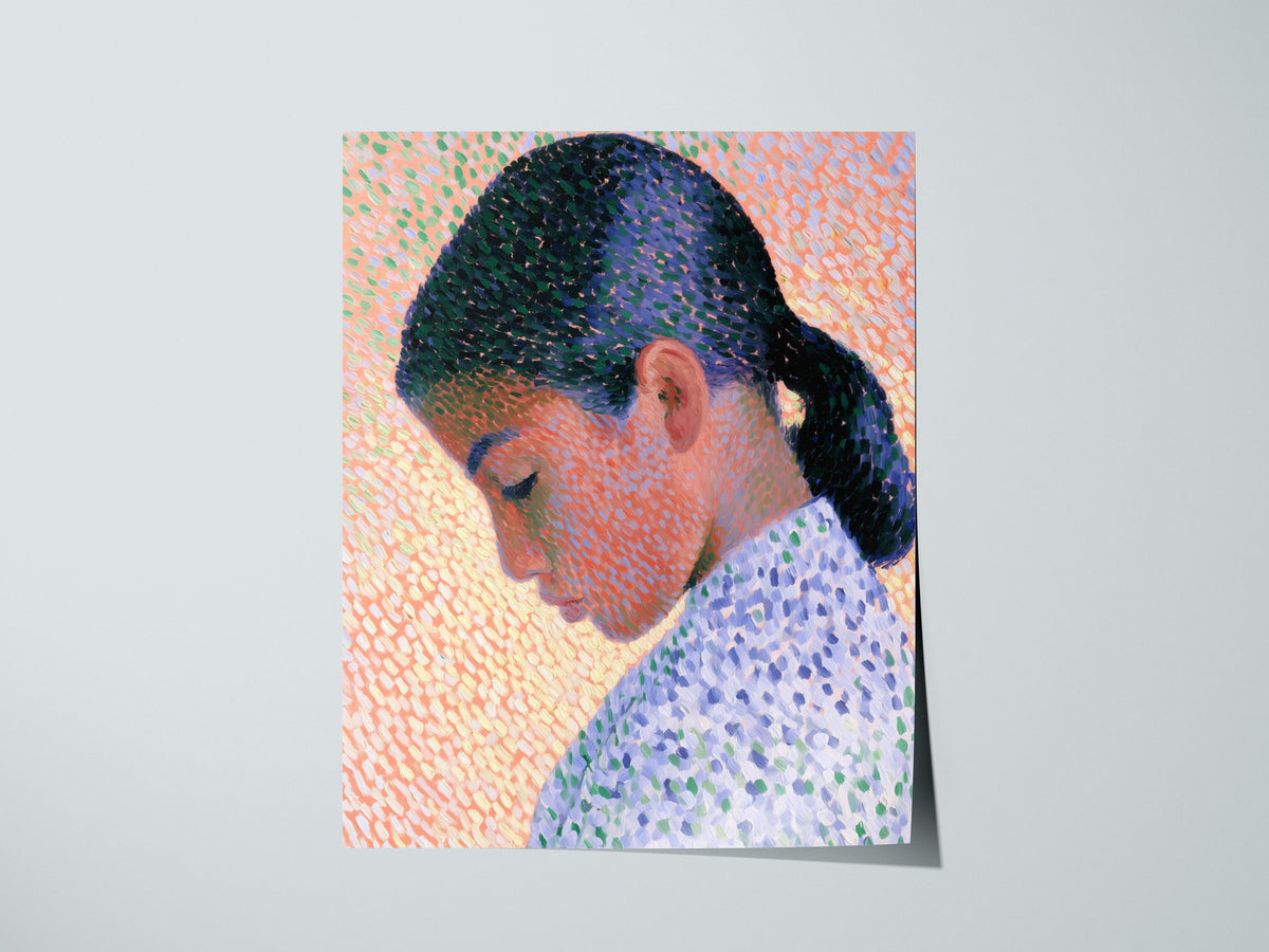 Girl in Ponytail Poster | Coral and Purple Oil Painting Art Print | Contemporary Portrait Wall Art — print detail on fine art