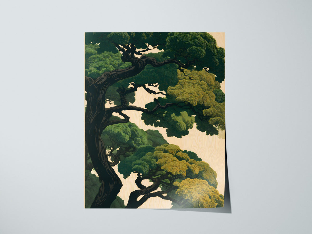 Under the Pines Poster | Forest Green Japanese Woodblock Art Print | Nature Lovers Wall Art — print detail on fine art paper