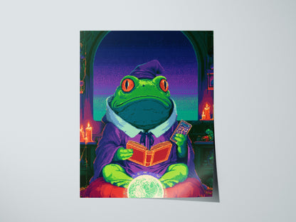 Frog Sees Fortune Poster | Purple and Teal Pixel Art Print | Dark Fantasy Wall Art — print detail on fine art paper