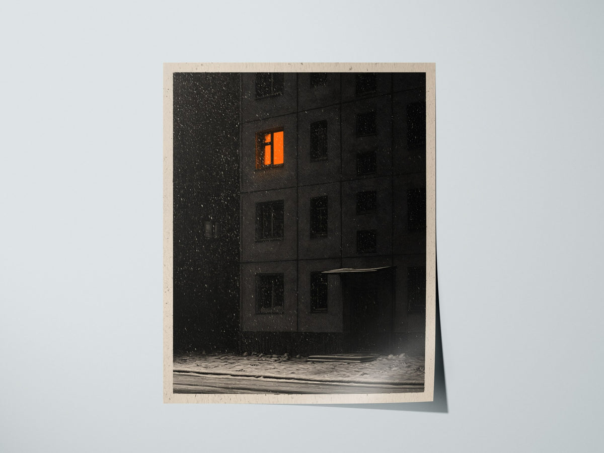 One Light Waits Poster | Black and Amber Pen and Ink Art Print | Dark Academia Wall Art — print detail on fine art paper