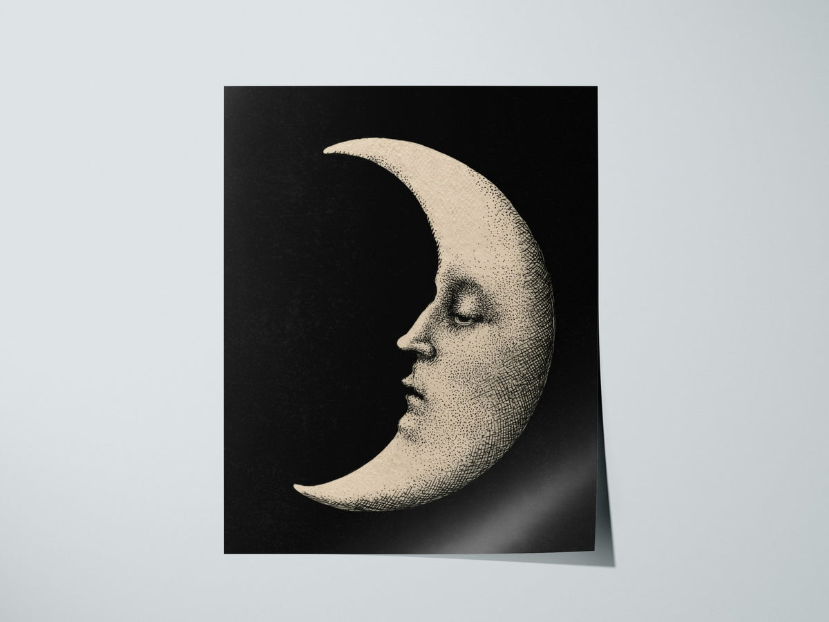 Manuscript Moon Poster | Black and Cream Pen and Ink Art Print | Dark Academia Wall Art — print detail on fine art paper