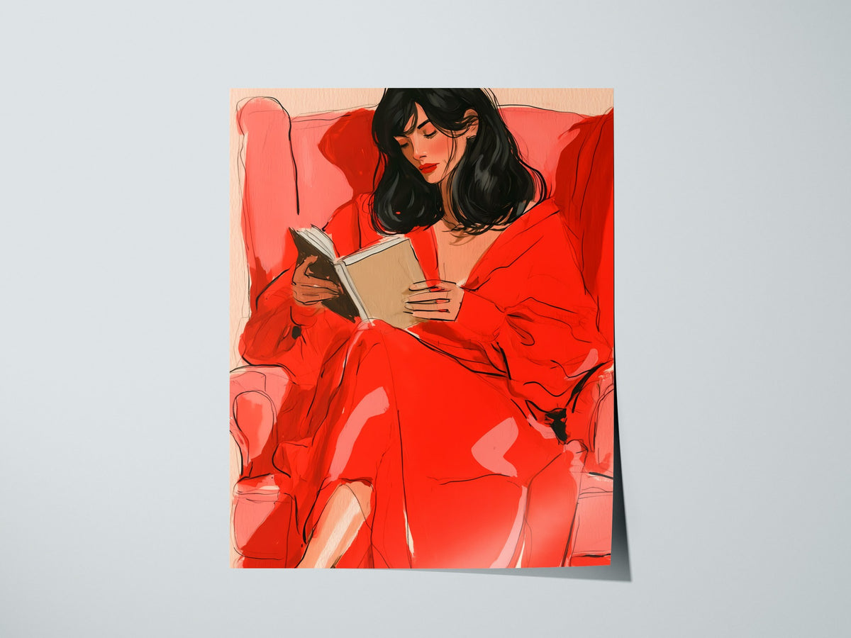 Woman Reading In Red Poster | Coral and Pink Illustrative Art Print | Quiet Interiors Wall Art — print detail on fine art pap