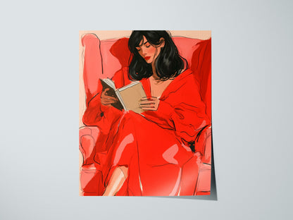 Woman Reading In Red Poster | Coral and Pink Illustrative Art Print | Quiet Interiors Wall Art — print detail on fine art pap