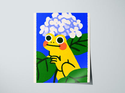 Toad with Hydrangeas Poster | Yellow and Periwinkle Illustrative Art Print | Kids Room Wall Art — print detail on fine art pa