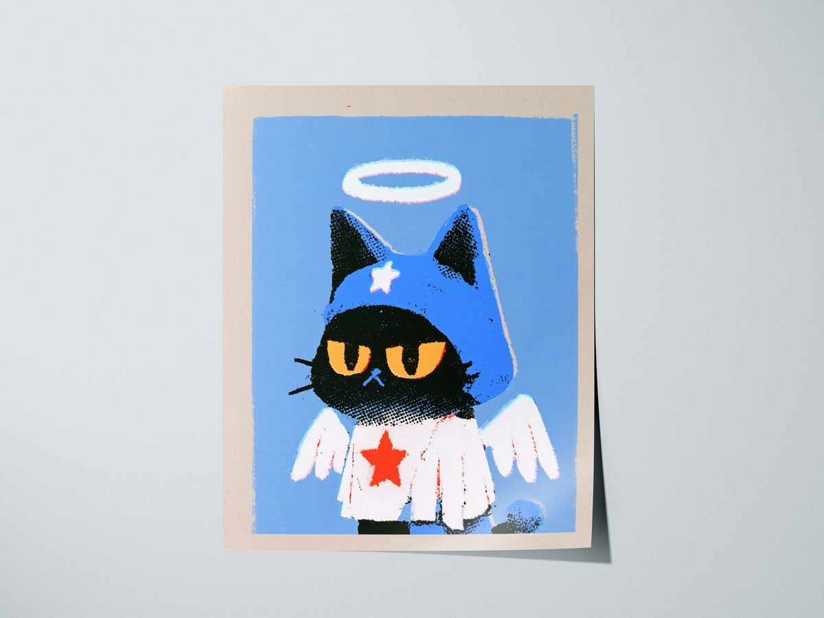 Angel Kitten Stands Poster | Blue and Orange Screen Print Art Print | Kids Room Wall Art — print detail on fine art paper