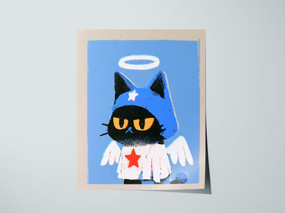 Angel Kitten Stands Poster | Blue and Orange Screen Print Art Print | Kids Room Wall Art — print detail on fine art paper
