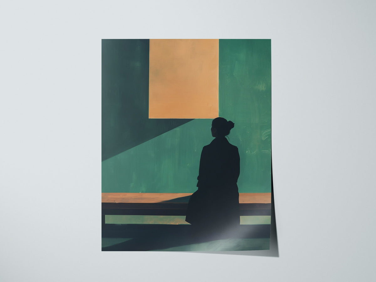 Gallery Visitor Poster | Teal and Cream Flat Design Art Print | Minimalist Wall Art — print detail on fine art paper