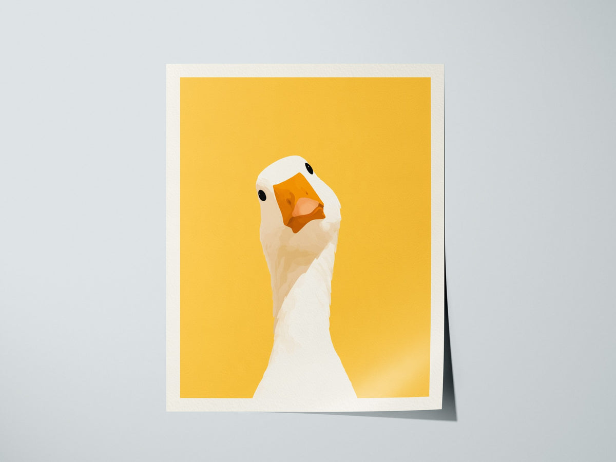 Goose Tilts Head Poster | White and Gold Flat Design Art Print | Kids Room Wall Art — print detail on fine art paper
