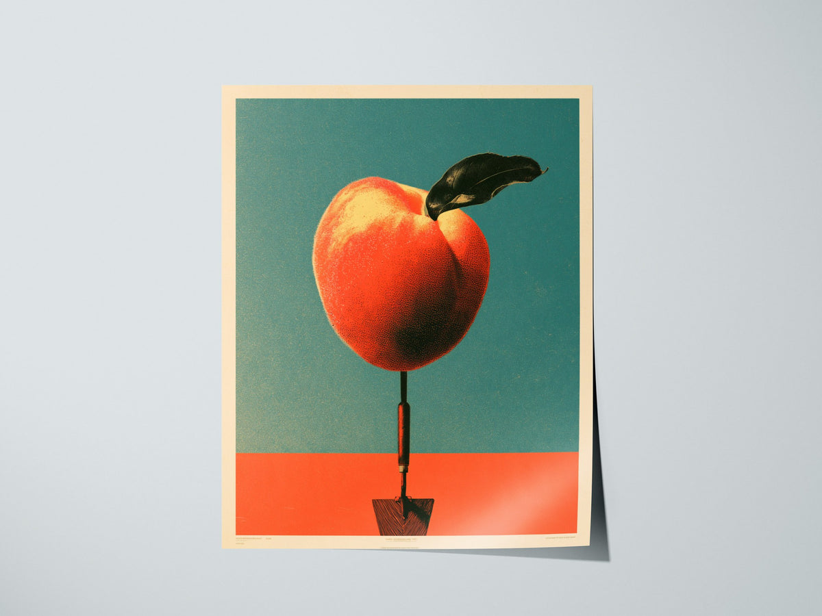 Trowel and Peach Poster | Teal and Orange Screen Print Art Print | Kitchen Wall Art — print detail on fine art paper