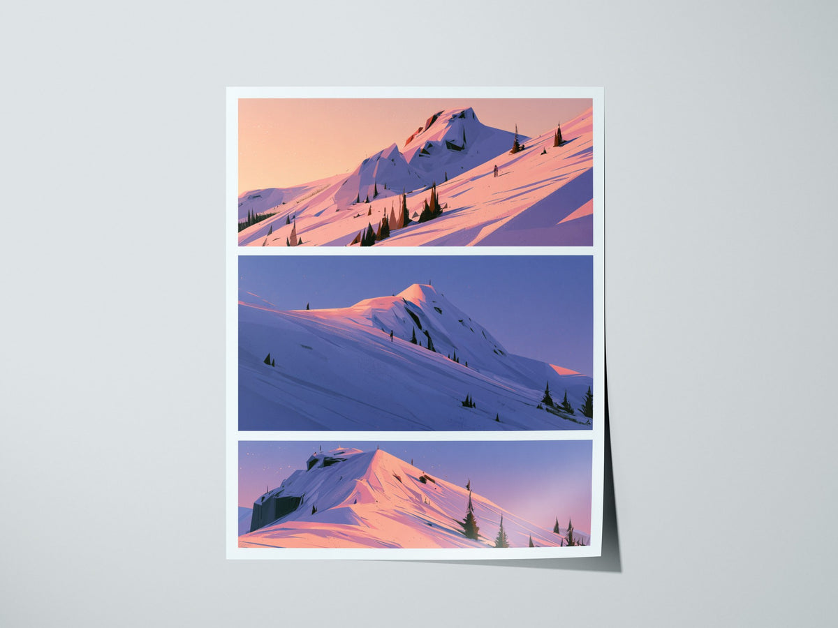 Mountain Waits Dusk Poster | Peach and Lavender Illustrative Art Print | Alpine Minimalist Wall Art — print detail on fine ar
