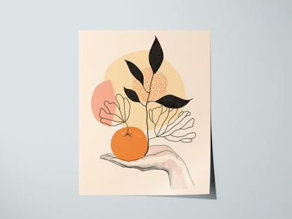 Hand Holds Peach Poster | Peach and Coral Minimalism Art Print | Minimalist Kitchen Wall Art — print detail on fine art paper