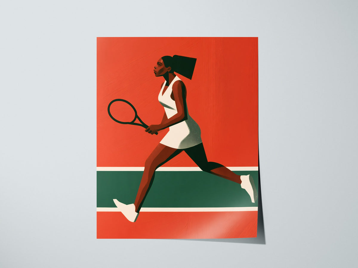 Clay Court Stride Poster | Coral and Green Illustrative Art Print | Tennis Wall Art — print detail on fine art paper