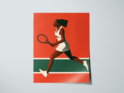 Clay Court Stride Poster | Coral and Green Illustrative Art Print | Tennis Wall Art — print detail on fine art paper