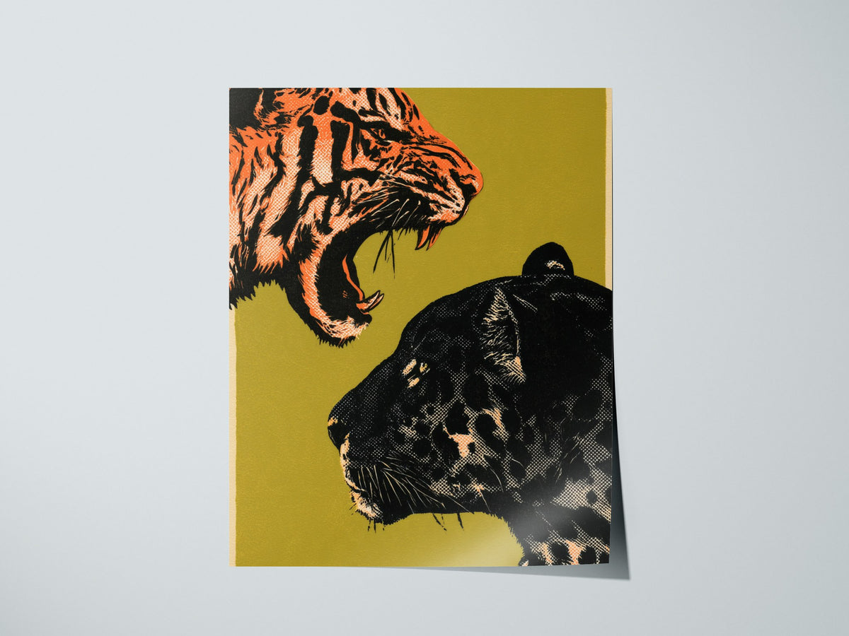 Tiger Taunts Panther Poster | Chartreuse and Black Screen Print Art Print | Graphic Design Wall Art — print detail on fine ar