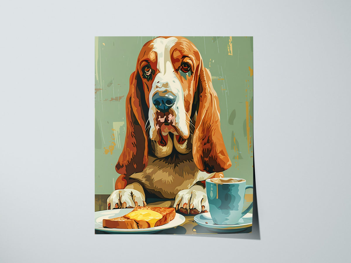 Hound Waits for Toast Poster | Tan and Cobalt Illustrative Art Print | Kitchen Wall Art — print detail on fine art paper