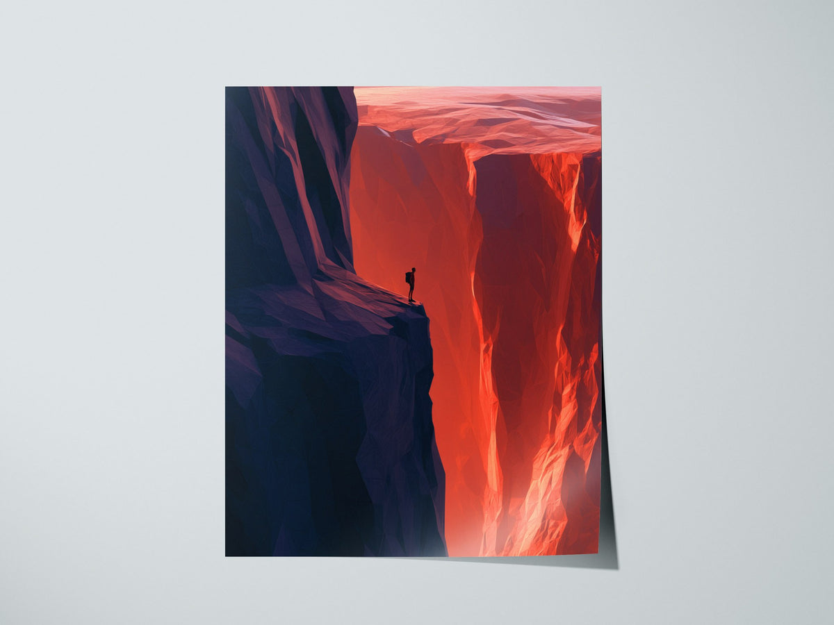 Hiker Finds the Edge Poster | Rust and Purple Low Poly Art Print | Hikers Wall Art — print detail on fine art paper