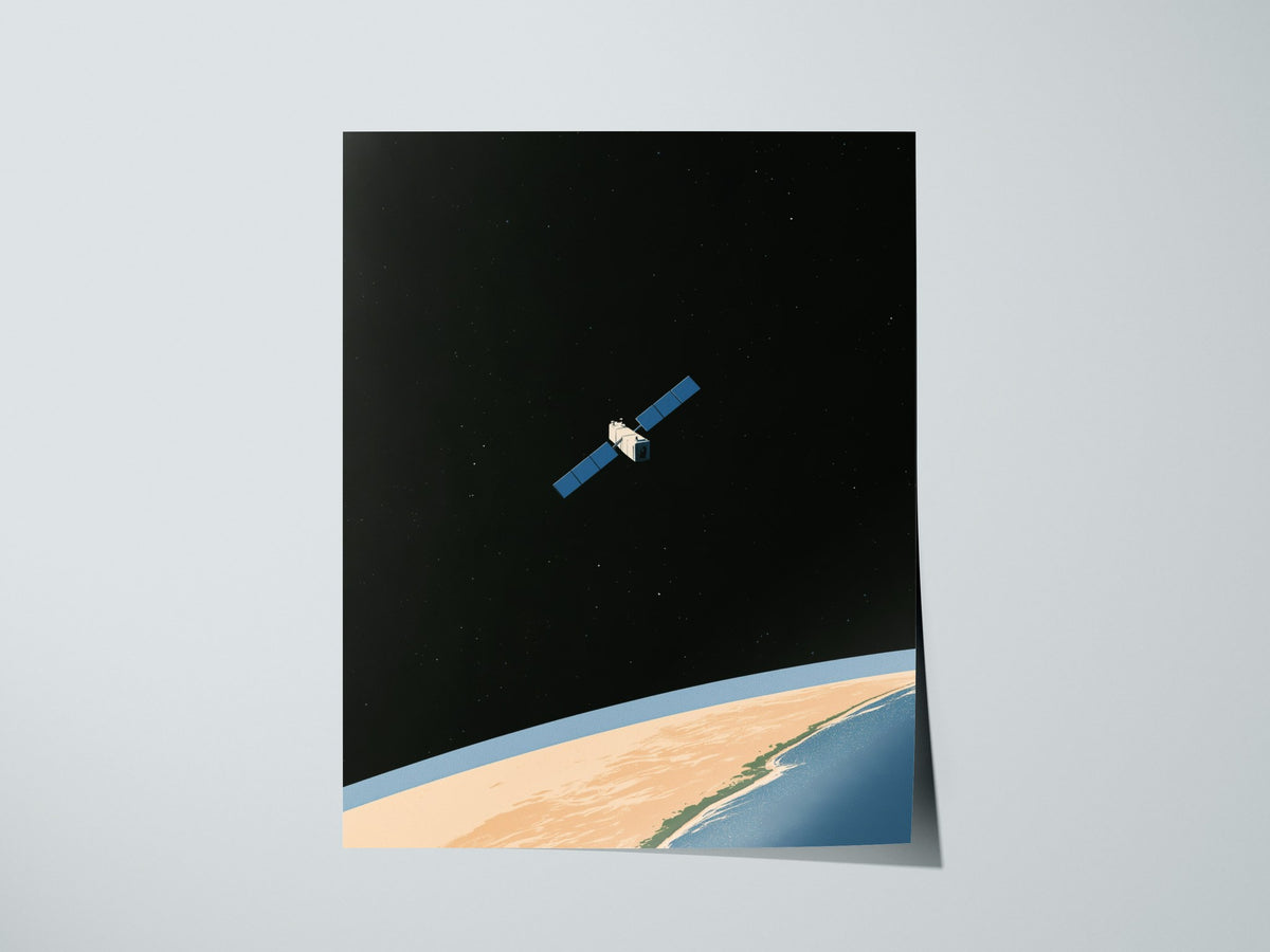 Satellite Keeps Watch Poster | Blue and Tan Illustrative Art Print | Space Enthusiast Wall Art — print detail on fine art pap