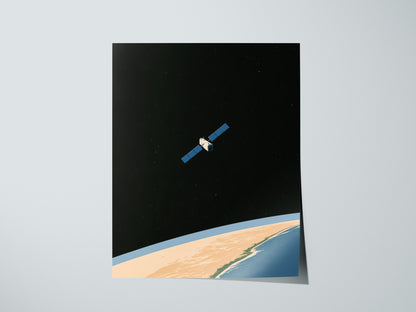 Satellite Keeps Watch Poster | Blue and Tan Illustrative Art Print | Space Enthusiast Wall Art — print detail on fine art pap