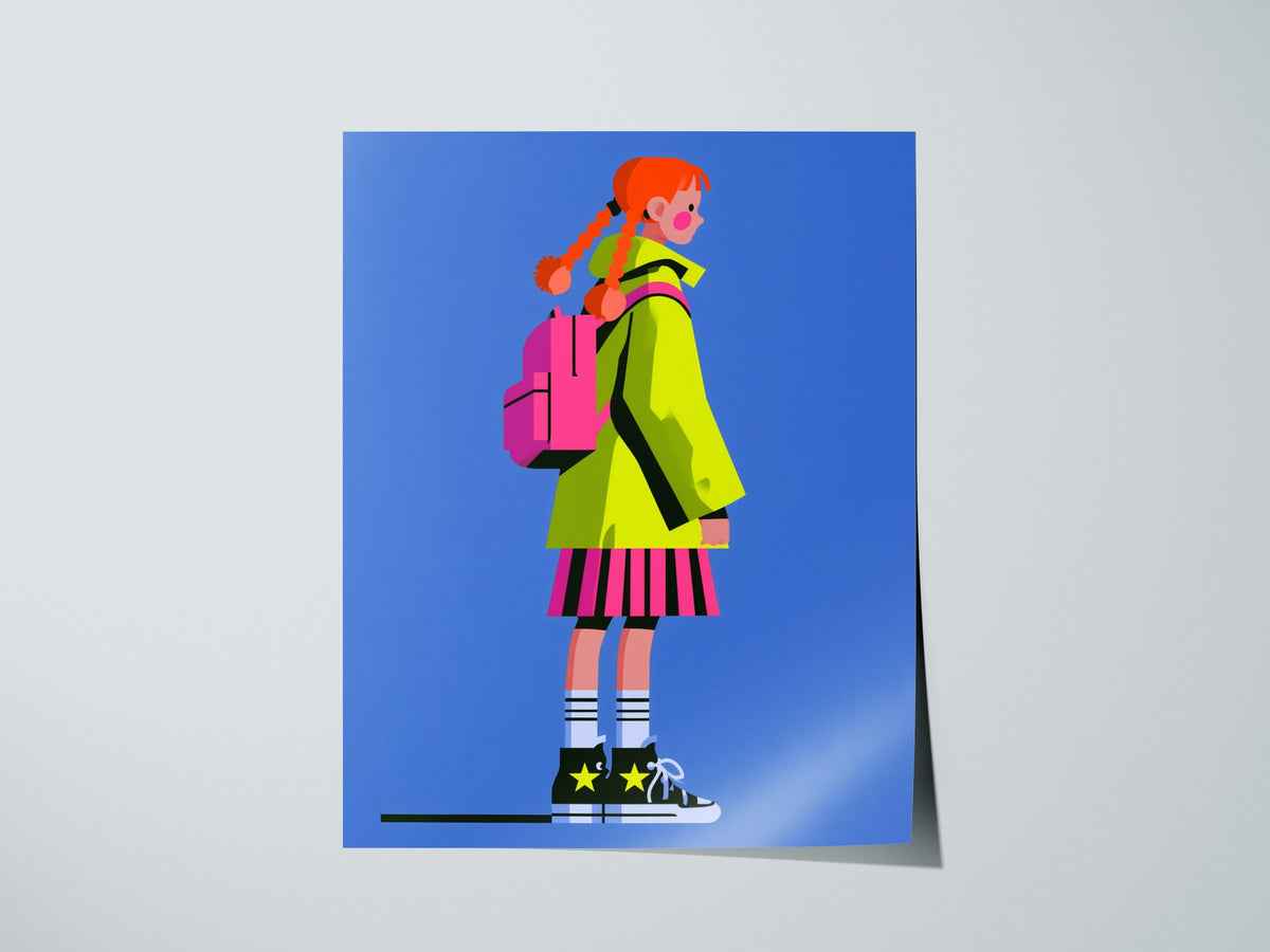 Girl in Green Hat Poster | Neon Brights Flat Design Art Print | Kids Room Wall Art — print detail on fine art paper