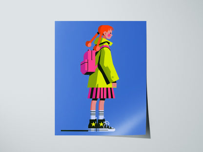 Girl in Green Hat Poster | Neon Brights Flat Design Art Print | Kids Room Wall Art — print detail on fine art paper